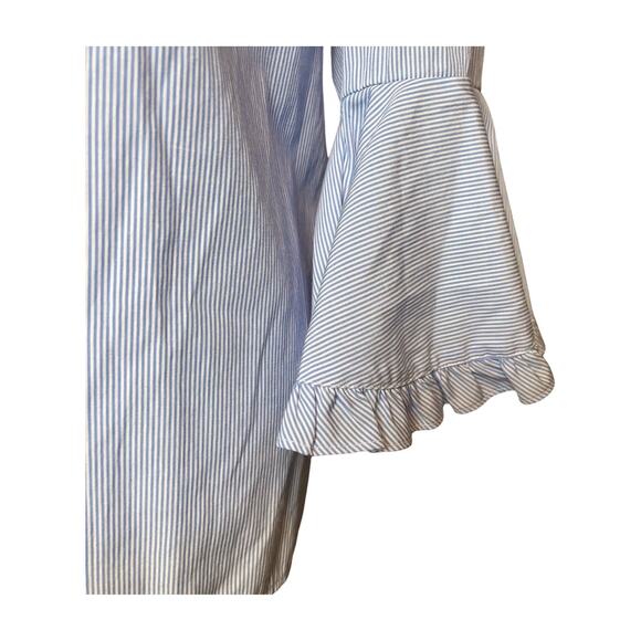 Blue White Striped Bell Sleeve Button Down Shirt Classic Office Chic Top 14 - Picture 4 of 9